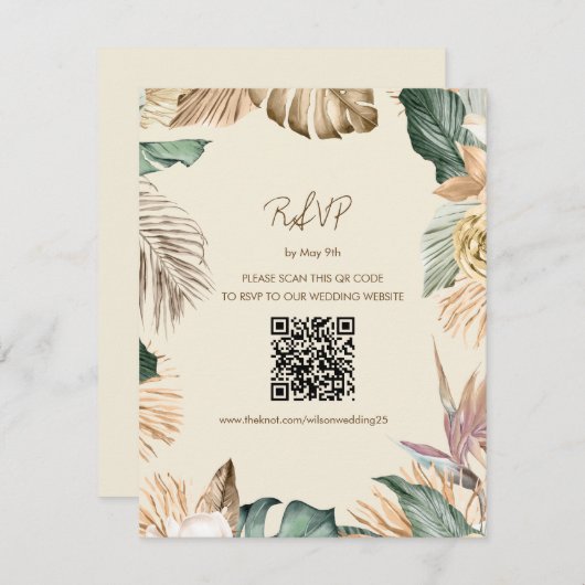 Tropical Leaf Beach RSVP-kaart met QR-code RSVP Kaartje (Voorkant / Achterkant)