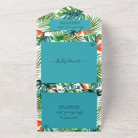 Tropical Leaf Bird of Paradise Beach Wedding RSVP All In One Uitnodiging (Buitenkant)