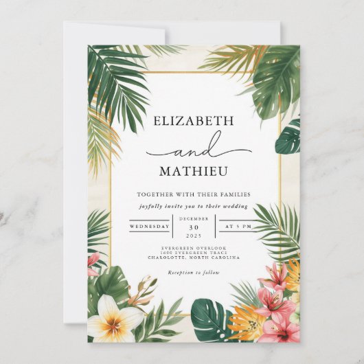 Tropical Leaf Border Wedding Kaart (Voorkant)