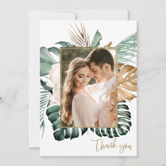 Tropical Leaf Foto Strand Bruiloft Dank u Bedankkaart (Voorkant)