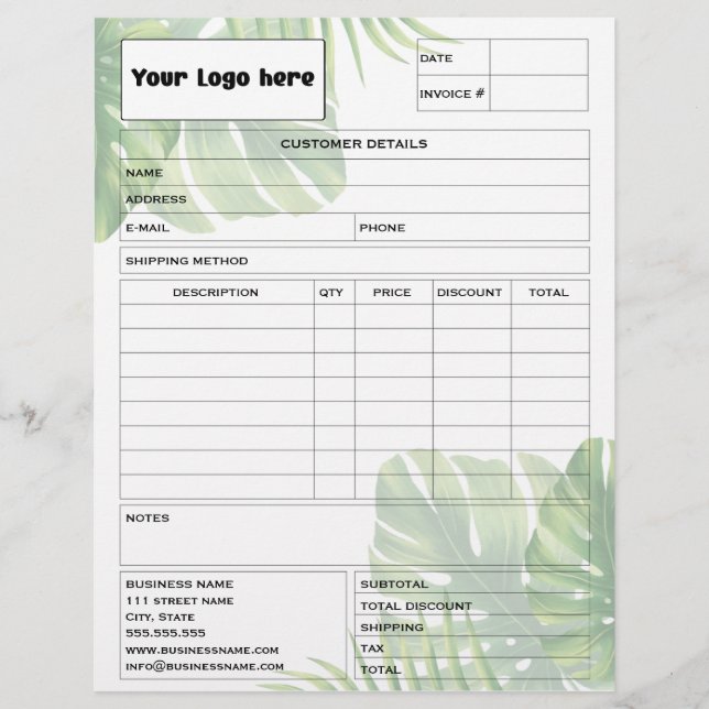 Tropical Leaf Invoice Business Sales Form Receipt Briefhoofd (Voorkant)