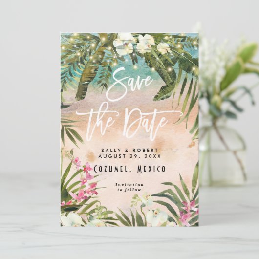 Tropical Leaf Lights bruiloft Bewaar de datumkaart Bedankkaart (Staand voorkant)