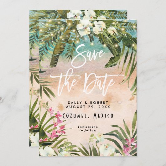 Tropical Leaf Lights bruiloft Bewaar de datumkaart Bedankkaart (Voorkant / Achterkant)