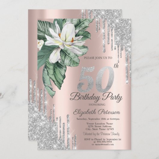 Tropical Leaf Magnolia Drips Roos Gold 50th Kaart (Voorkant / Achterkant)