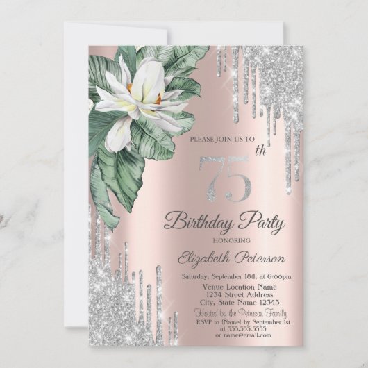 Tropical Leaf Magnolia Roos Gold Drips 75th Kaart (Voorkant)