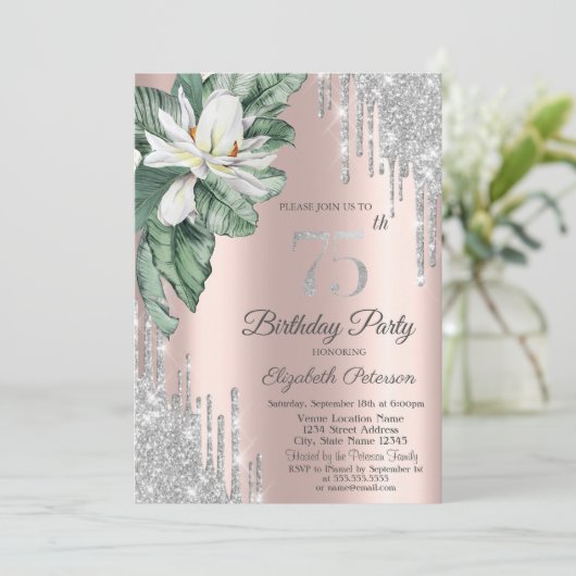 Tropical Leaf Magnolia Roos Gold Drips 75th Kaart (Staand voorkant)