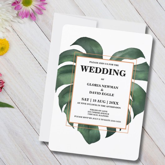 Tropical Leaf Monstera Wedding Roundes Kaart
