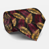 Tropical leaf pattern gold burgundy neck tie stropdas (Opgerold)