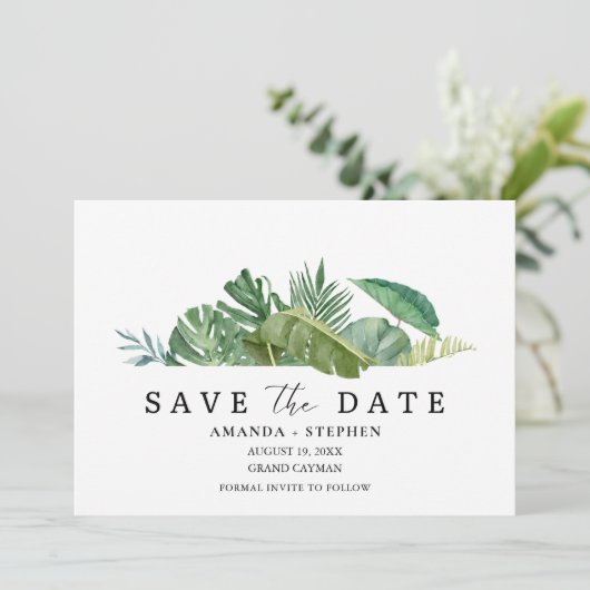 Tropical Leaf Photo Beach Wedding Save the Date (Staand voorkant)