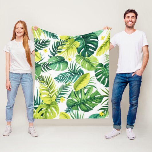 Tropical Leaf Story – Monstera & Banana Leaf Fleece Deken (In situ)