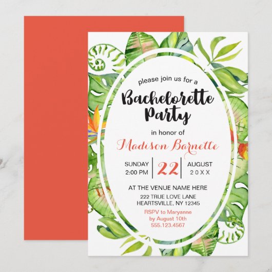 Tropical Leaf Wreath Bachelorette Party uitnodigin Kaart (Voorkant / Achterkant)
