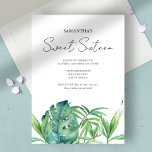 Tropical Leaves 16e Verjaardag Waterverf Kaart<br><div class="desc">Zet de toon voor een stijlvol, tropisch feest met deze elegante Sweet 16-uitnodiging - perfect voor ideeën voor tienerverjaardagsfeestjes zoals een tropisch luau-poolfeest of een luau tiki-feest op het strand. Met chique typografie met de tekst "Sweet Sixteen" en originele waterverf palmboom monstera bladeren in weelderige groene tinten, vangt dit ontwerp...</div>