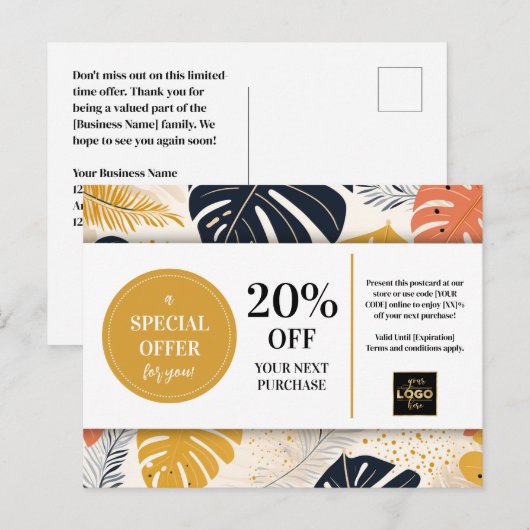 Tropical Leaves Abstracte Coupon Korting Briefkaart (Voorkant / Achterkant)