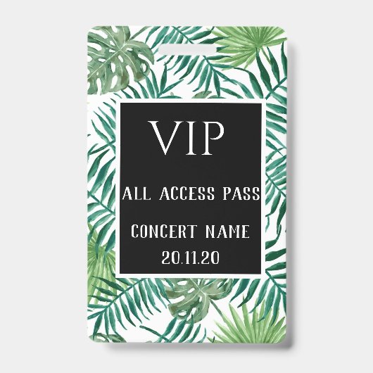 Tropical Leaves Black VIP All Access Pass Concert Badge (Voorzijde)