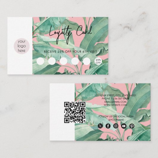 Tropical Leaves Business Logo QR Code Loyaliteit Visitekaartje (Voorkant / Achterkant)
