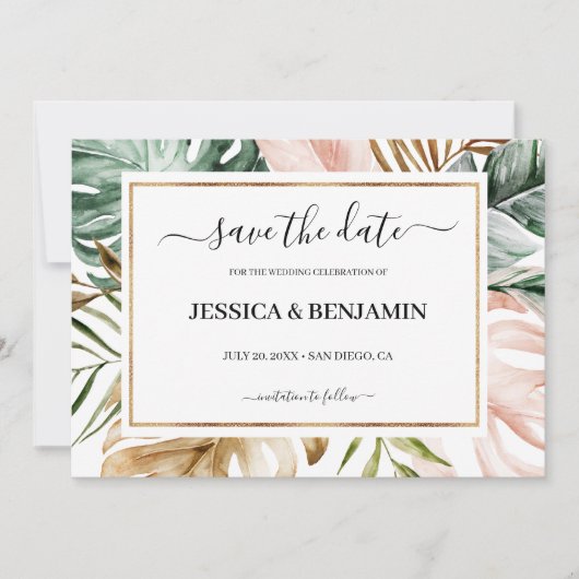 Tropical Leaves Calligraphy Wedding Save the Date (Voorkant)