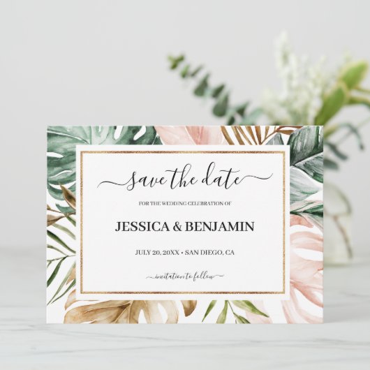 Tropical Leaves Calligraphy Wedding Save the Date (Staand voorkant)