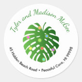 Tropical Leaves Cool Holiday Lights Retouradres Ronde Sticker (Voorkant)