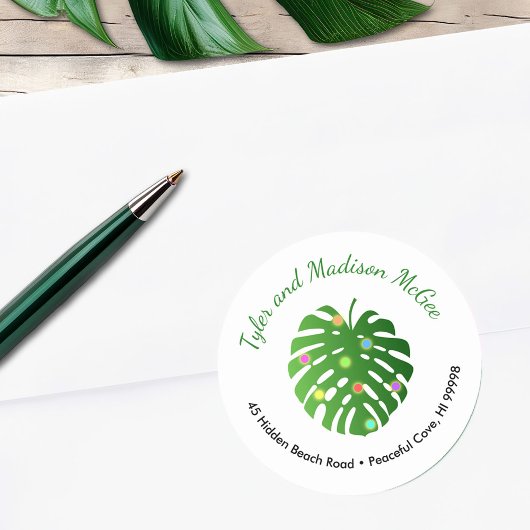 Tropical Leaves Cool Holiday Lights Retouradres Ronde Sticker