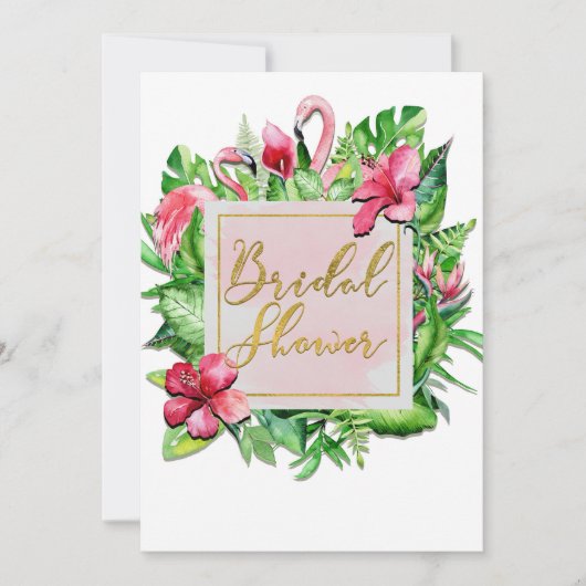Tropical Leaves Flamingos Bruids Douche Uitnodigin Kaart (Voorkant)