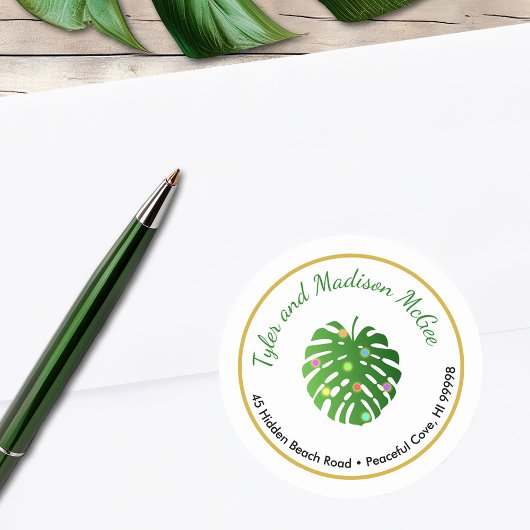 Tropical Leaves Fun Holiday Lights Retouradres Ronde Sticker