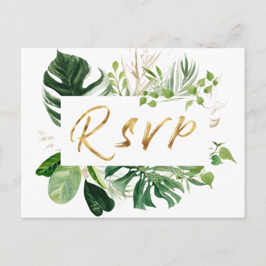 Tropical Leaves Golden Wedding Song Request RSVP Uitnodiging Briefkaart (Voorkant)