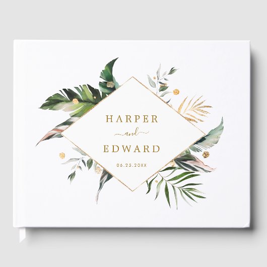 Tropical Leaves Goud Groen Bruiloft Gast Boek (Voorkant)
