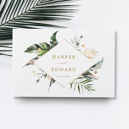 Tropical Leaves Goud Groen Bruiloft Gast Boek