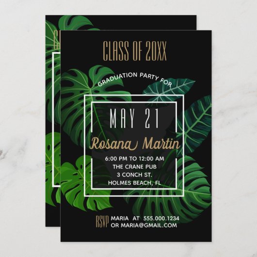 Tropical Leaves Graduation Party Uitnodiging (Voorkant / Achterkant)