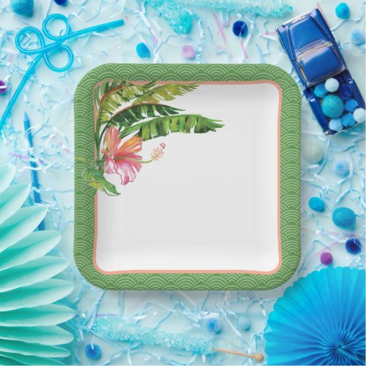 Tropical Leaves Groen Roze Bloemen Papier Bord (Feest)