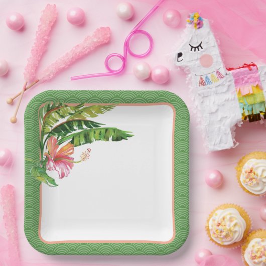 Tropical Leaves Groen Roze Bloemen Papier Bord (Feest)