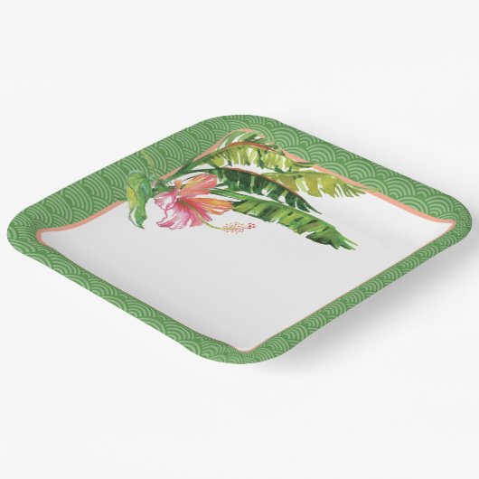 Tropical Leaves Groen Roze Bloemen Papier Bord (Gebogen)
