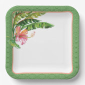 Tropical Leaves Groen Roze Bloemen Papier Bord (Voorkant)