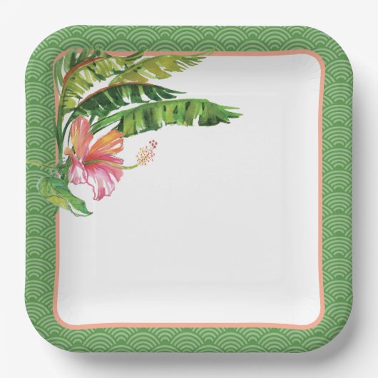 Tropical Leaves Groen Roze Bloemen Papier Bord (Voorkant)