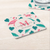 Tropical Leaves Hot Pink Flamingo Modern Monogram Kartonnen Onderzetters (Schuin)