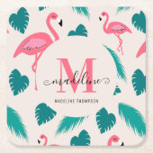 Tropical Leaves Hot Pink Flamingo Modern Monogram Kartonnen Onderzetters (Voorkant)