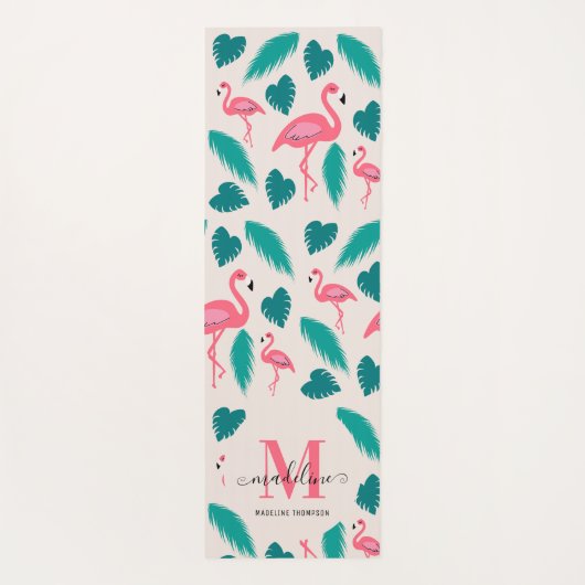 Tropical Leaves Hot Pink Flamingo Modern Monogram Yogamat (Achterkant)