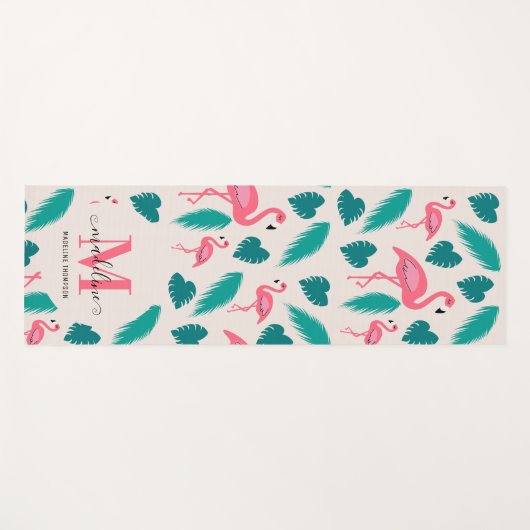 Tropical Leaves Hot Pink Flamingo Modern Monogram Yogamat (Voorkant (horizontaal))
