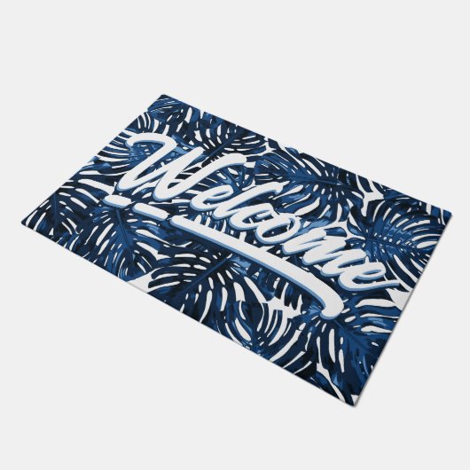 Tropical Leaves Navy Blauw Wit Script Welkom Deurmat (Schuin)