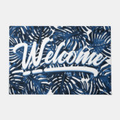 Tropical Leaves Navy Blauw Wit Script Welkom Deurmat (Voorkant)