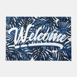 Tropical Leaves Navy Blauw Wit Script Welkom Deurmat