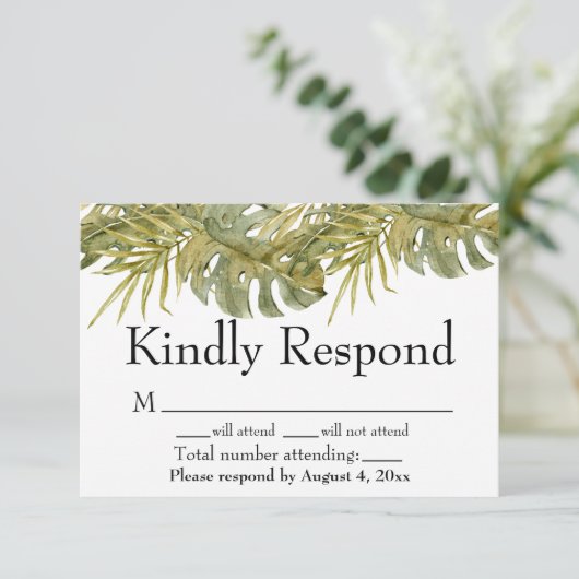 Tropical Leaves Palm Wedding RSVP-Kaart Bedankkaart (Staand voorkant)