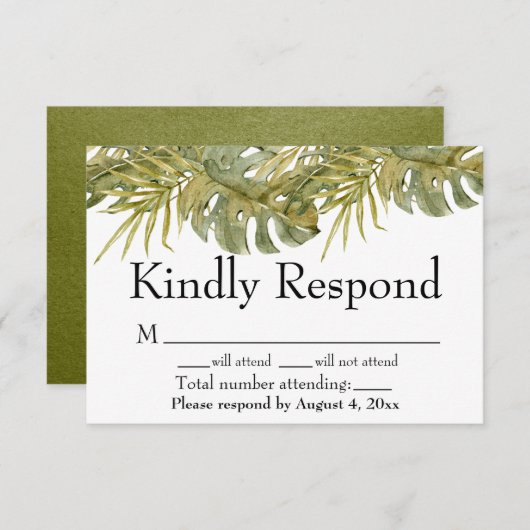 Tropical Leaves Palm Wedding RSVP-Kaart Bedankkaart (Voorkant / Achterkant)