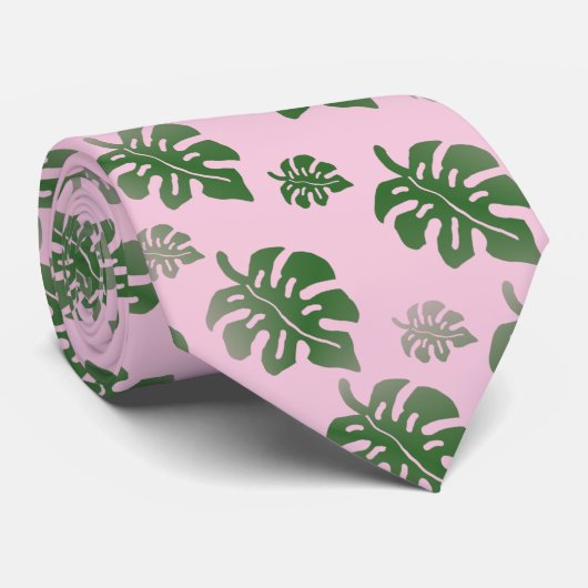 Tropical Leaves Pattern Green on Pink Stropdas (Opgerold)