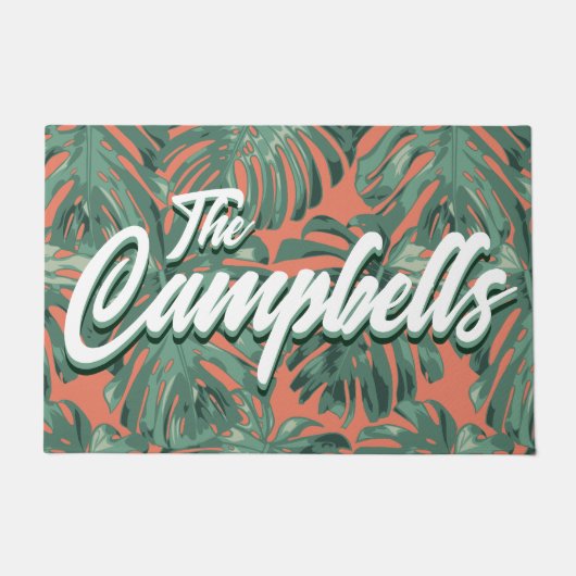 Tropical Leaves Script Groene familienaam Doormat Deurmat (Voorkant)