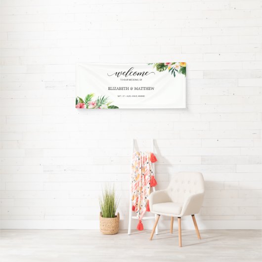Tropical Leaves Script Wedding Welkom Spandoek (Insitu)