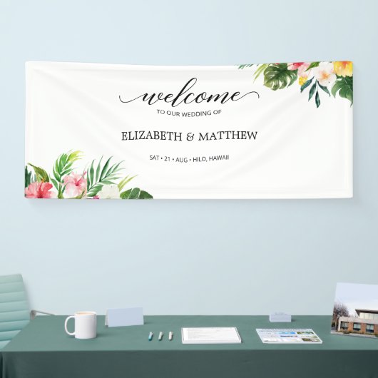 Tropical Leaves Script Wedding Welkom Spandoek (Beurs)