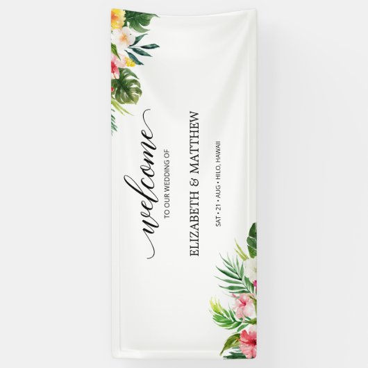 Tropical Leaves Script Wedding Welkom Spandoek (Verticaal)