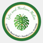 Tropical Leaves Vakantieverlichting Leuk retouradr Ronde Sticker (Voorkant)