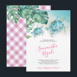 Tropical Leaves Zee Turtle Verjaardagsfeest<br><div class="desc">Plant u een verjaardagsfeestje met een Luau-thema? Deze charmante uitnodiging bevat de naam van uw dochter in een moderne handgeschreven scripttypografie met evenementdetails in een klassiek serif lettertype. Een boarder van mijn oorspronkelijke waterverf zeeen schildpad en monstera palmbladeren in de tinten blauw, groen en turquoise siert deze tropische uitnodiging. De...</div>